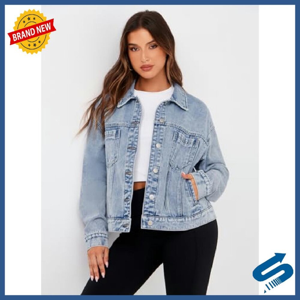 Oversized Denim Jacket Women's Heavyweight Button Down Fall Coat - Picture 4 of 8